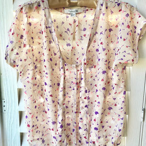 Flower Print Blouse Tie Neck Short Sleeve Sheer
